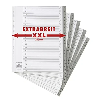 Abbildung von 5er Set XXL 20 teiliges Register/Trennblätter extra breit aus PP DIN A4+ mit Buchstaben A Z, volldeckend + praktischem Deckblatt Papier. Trenn Blätter überbreit für die Ordner Organisation im Büro