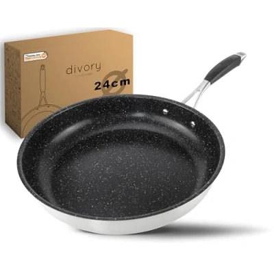 Abbildung von DIVORY Edelstahl Pfanne 24 cm ULTIME Induktion I Antihaft beschichtete große Bratpfanne für alle Herdarten Induktionspfanne, Ergonomischer Griff, Spülmaschinen geeignet (24cm, Schwarz)
