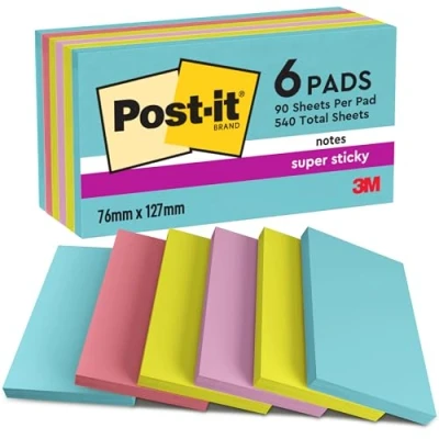 Abbildung von Post it Super Sticky Notes Cosmic Collection, Packung mit 6 Blöcken, 90 Blatt pro Block, 76 mm x 127 mm, Türkis, Grün, Pink Extra stark klebende Notizzettel für Notizen