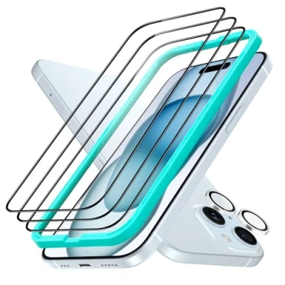 Abbildung von ESR iPhone 15 Plus für Panzerglas, Armorite Displayschutzfolien Set, extrem Robustes gehärtetes Glas, Rahmen einfache Anbringung, 3 Stück mit 1 Satz individuellem Kamera Schutz