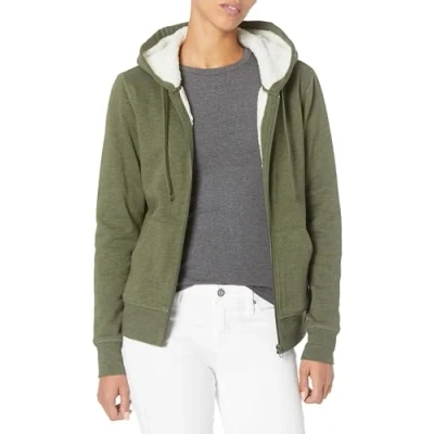 Abbildung von Amazon Essentials Damen Sherpa gefütterte Fleece Kapuzenjacke mit durchgehendem Reißverschluss (erhältlich in Übergröße), Olivenheide, M