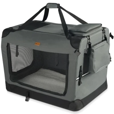 Abbildung von VOUNOT Hundebox faltbar, Transportbox Katze Hunde, Hundetasche, Oxford Gewebe, Netzstoff, Atmungsaktiv, Transportabel, Metallrahmen, mit Griffen, Taschen, 82x60x60cm XL, Grau
