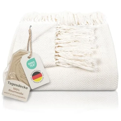Abbildung von Gräfenstayn Premium Tagesdecke mit Fransen 100% Baumwolle 180 x 240 cm Fischgrätenmuster Sommerdecke Baumwolldecke als Bett Überwurf, Couch Sofa Decke (Creme)