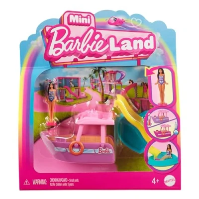 Abbildung von Barbie Mini BarbieLand Puppen und Spielzeugfahrzeugset, ca. 4 cm große Puppe Traumboot mit Farbwechsel, abnehmbare Rutsche Pool, HYF41