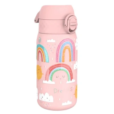 Abbildung von ION8 Kinder Trinkflasche, Edelstahl Leicht 400ml, Nicht Isoliert, Auslaufsicher, Einhandöffnung, Sichere Verriegelung, Spülmaschinenfest, Klappdeckel, Tragegriff, zu Reinigen, Regenbögen