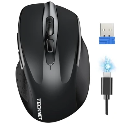 Abbildung von TECKNET Silent Kabellose Maus, Wiederaufladbar Funkmaus 4800 DPI, 2,4 GHz Optische Computer Maus für Laptop, PC, Mac, 6 Tasten, Schwarz