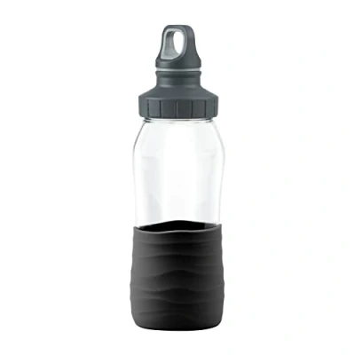Abbildung von Emsa N31009 Drink2Go Glas Trinkflasche, 0.5 L, Schraubverschluss, 100 Prozent Dicht/Hygienisch/Rein, Silikonmanschette, Schwarz