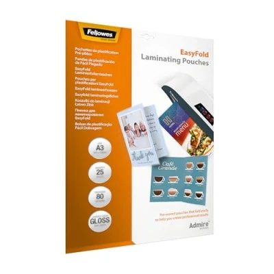 Abbildung von Fellowes vorgefaltete Laminierfolien A3 EasyFold für Speisekarten, Glückwunschkarten, 80 Mikron (2 x mic), DIN (gefaltet A4), 25 Stück