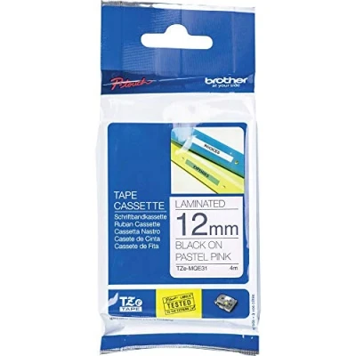 Abbildung von Brother Original laminiertes Schriftband TZe MQE31 12 mm, (u.a.für P touch H200, H100LB/R, H105, E100/VP, D200/BW/VP, D210/VP, Cube) TZEMQE31 schwarz rosa