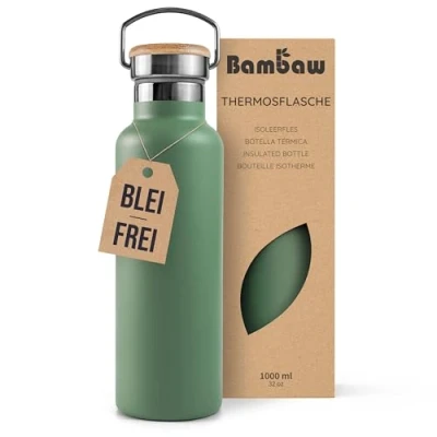 Abbildung von Bambaw Thermosflasche 1l, Trinkflasche Grün, Edelstahl Trinkflasche, Spülmaschinenfest, Auslaufsicher 1l Salbeigrün
