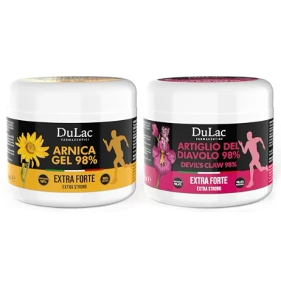 Abbildung von Dulàc Set Arnika Gel 500ml + Teufelskralle 98% Salbe Hochdosiert und in einem kompletten für Muskeln Gelenke, Extra Stark, Made Italy