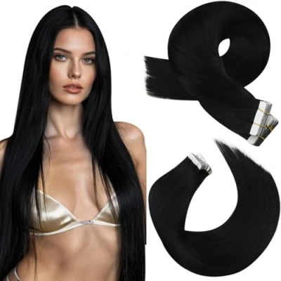 Abbildung von Moresoo Tape in Extensions Echthaar Schwarz Remy Haarextension Doppelseitig Unsichtbar Haarverlängerung Tapes 20 Stück/50g 45 cm #1