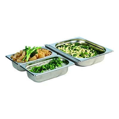 Abbildung von APS 81850 GN Behälter Set, 4 teilig Edelstahl bestehend aus: 1 1/2 Behälter, Liter 2 1/4 1,8 26,4 x 16,2 cm, Tiefe: 65 mm Adapter/Zwischensteg