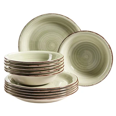 Abbildung von MÄSER Teller Set für 6 Personen im modernen Vintage Look, 12 teiliges Tafelservice, handbemalt, Grün, Steingut, Olivgrün (Bel Tempo II)