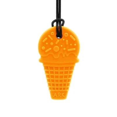 Abbildung von ARK® Kauhalskette in verschiedenen Stärken und Formen mit einstellbarer Abreißleine ATC Pflegeanleitung Sensory Halskette, Beißblock, Kauen, Zahnen, Autismus (Eiswaffel, extra fest orange)