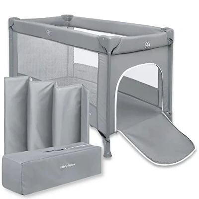 Abbildung von Moby System Babybetten für Babys und Kinder ab Geburt bis 15 kg, 128 x 68 cm, Leicht, Kompakt Faltbar, Inkl. Trage Tasche, Reisebett Baby Laufstall, Kinderbett, Praktisches Zubehör, Grau