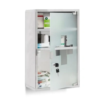 Abbildung von Relaxdays Medizinschrank EMERGENCY Edelstahl und Holz Optik XL HBT: 45 x 30 12 cm mit 3 Fächern Glas Tür zum Abschließen inkl. 2 Schlüsseln für Erste Hilfe moderner Stil fürs Bad, silber / braun