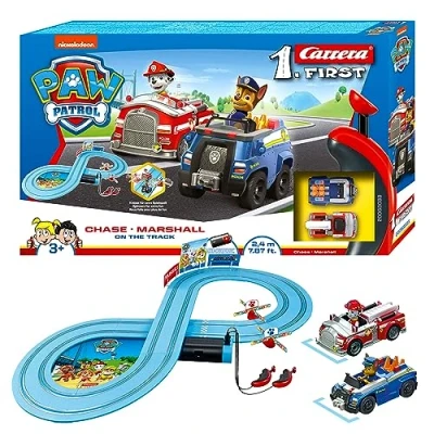 Abbildung von PAW Patrol Carrera First Rennbahnset Chase &amp; Marshall 2,4m Strecke Kreisel für extra Spielpaß Ab 3 Jahren Batteriebetrieben