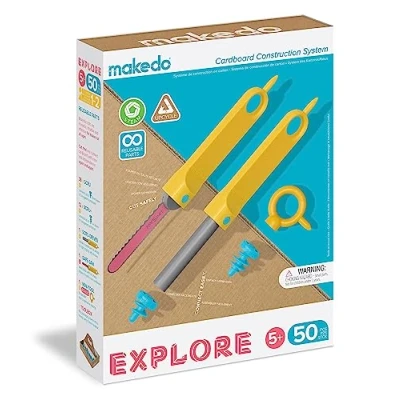 Abbildung von Makedo Konstruktionsspielzeuge für Pappe, Kinderspiele ab 5, Mint Lernspielzeug, perfekt das kreative Spielen zu Hause 50 teiliger Werkzeugsatz Explore Packung