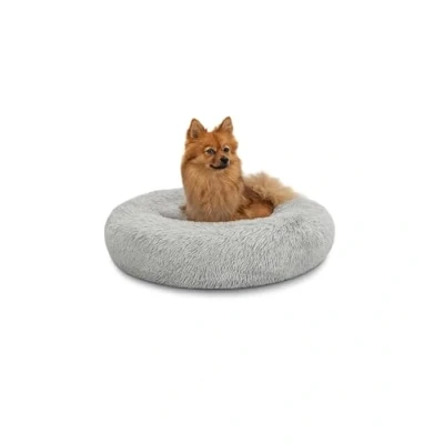 Abbildung von lionto Donutbett für Hunde und Katzen, Flauschiges Hundebett rund kleine große Heimtiere, Ø 60 cm, weiches Katzenbett aus kuscheligem Plüsch, Hundekissen mit extra Dicker Füllung, hellgrau