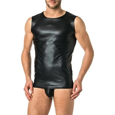 Abbildung von Latex ähnliches Herren Shirt 0/0 Arm Vinyl Tank Top Lack ähnlich, Schwarz, M