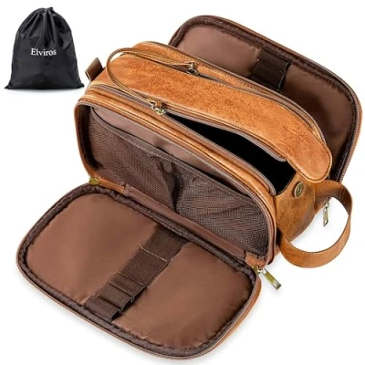 Abbildung von Elviros Kulturbeutel PU Leder für Reise Herren, große wasserdichte Waschtasche Männer, mit einem Nass Trockenbeutel, 24x15x16 cm, Braun