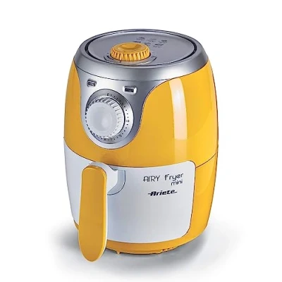 Abbildung von Ariete 4615 Airy Fryer Mini, Heißluftfritteusen, 2L Fassungsvermögen, 1000W, maximale Temperatur 200, Antihaftbeschichtung, herausnehmbarer Frittierbehälter, Rezeptbuch auf Deutsch, Gelb