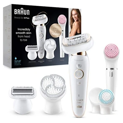 Abbildung von Braun Silk épil 9 Flex Beauty Set, Epilierer Damen / Haarentferner, FaceSpa Gesichtsreinigungsbürste, Aufsätze, Tasche, mit flexiblem Kopf für einfachere Haarentfernung, 9100, weiß/gold