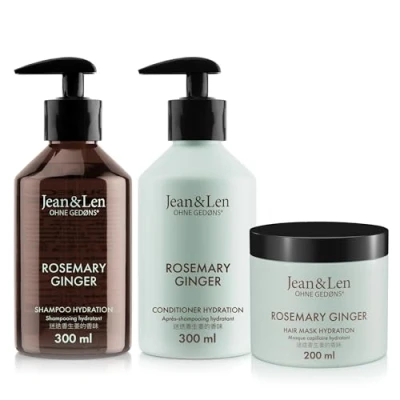 Abbildung von Jean &amp; Len Haarpflege Set Rosemary Ginger für trockenes und glanzloses Haar, Feuchtigkeit Shampoo, Conditioner Haarkur im Set, würziger Duft, ohne Parabene Silikone, 2 x 300 ml + 1 200