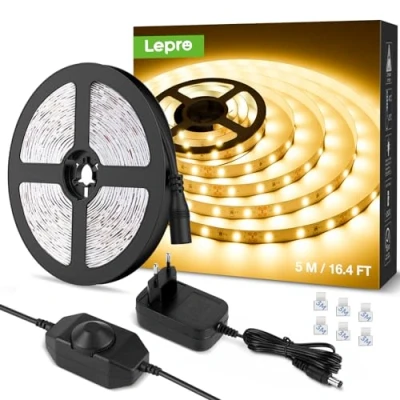 Abbildung von Lepro LED Strip 5M, Warmweiss 3000K Dimmbar, Streifen Warmweiß 300 LEDs, 12V Selbstklebend, IP20 Band, Flexible DIY Leiste, Lichtband Kette mit Netzteil für Innen Küche Dekoration
