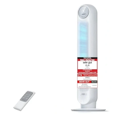 Abbildung von Dreo 20dB Leiser Turmventilator, 10 m Wurfweite 4 Geschwindigstufen Modi 8 Std. Timer 90 oszillierende Ventilator mit Kühlung Fernbedienung für Schlafzimmer, Nomad One, Weiß