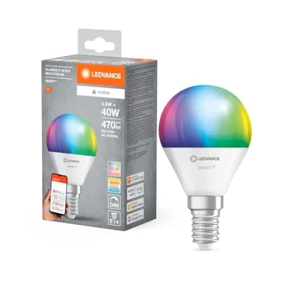 Abbildung von LEDVANCE SMART+ MATTER LED Lampe, kompatibel mit Google, Alexa, Apple, weiße Frost Optik, 4,9W, 470lm, E14, Farblicht &amp; Weißlicht, App oder Sprachsteuerung, bis zu 20.000 Std. Lebensdauer,single pack
