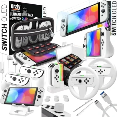 Abbildung von Orzly Accessories Kit Bundle Compatible with Nintendo Switch OLED Console (NOT 2017 Edition Compatible) Ultimate Geek Pack Case and Screen Protector Much More Ice White Gift Boxed