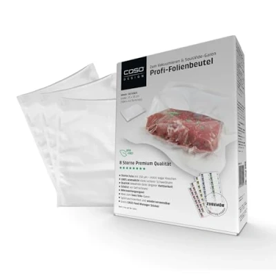 Abbildung von CASO Profi Folienbeutel 25x35 cm / 50 Beutel, für alle Vakuumierer, BPA frei, sehr stark &amp; reißfest ca. 150µm, aromadicht, kochfest, Sous Vide, wiederverwendbar, inkl. Food Manager Sticker