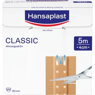 Abbildung von Hansaplast Classic Pflaster (5 m x 4 cm), zuschneidbare Wundpflaster mit extra starker Klebkraft, flexibles und atmungsaktives Verbandsmaterial