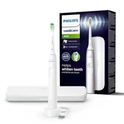 Abbildung von Philips Sonicare 4100 Elektrische Zahnbürste für Erwachsene mit 1 x W2 Optimal White Sonic Bürstenkopf in Weiß, schlankem Reiseetui und USB Ladegerät (Modell HX3683/33)