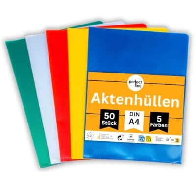 Abbildung von perfect line 50 Aktenhüllen A4, Klarsichthüllen seitlich &amp; oben offen, 5 Farben, Einsteckhüllen genarbt, Folien Stärke 115 my