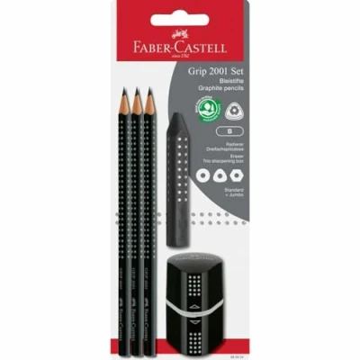 Abbildung von FABER CASTELL 580024 Bleistifte Set Grip 2001, 5 teilig mit 3 Bleistiften, Radiergummi und Spitzer, schwarz