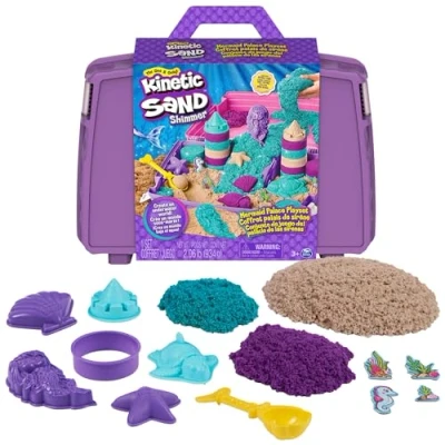 Abbildung von Kinetic Sand Meerjungfrauen Koffer mit 1 kg original kinetischem aus Schweden in 3 Farben, 6 Förmchen, Schaufel für kreatives Indoor Sandspiel, Kinder ab Jahren