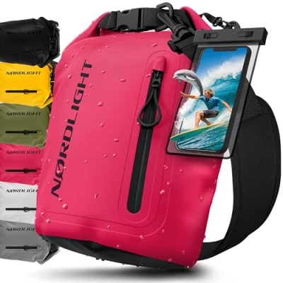 Abbildung von Nordlight Dry Bag wasserdichte Tasche mit Handyhülle + Roll Top, Schultergurt Drybag wasserfester Rucksack Beutel Packsack Seesack Wassersack Wetbag Baden Schwimmen Strand SUP Pink, 5 Liter