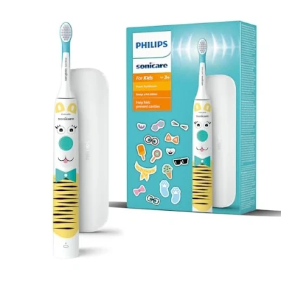 Abbildung von Philips Sonicare For Kids elektrische Zahnbürste Design a Pet Edition mit besonderen Tieraufklebern für Kinder, schmales Reiseetui und USB Ladegerät (Modell HX3603/01)