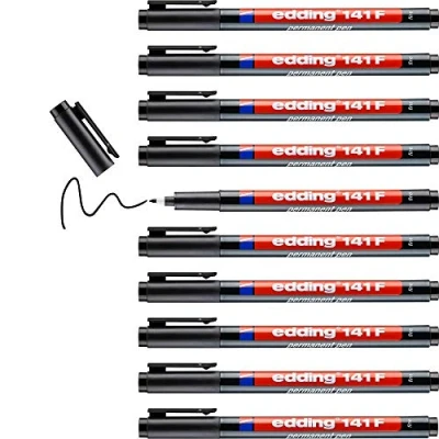 Abbildung von edding 141 F Permanenter Folienschreiber schwarz 10 Stifte Rundspitze 0,6 mm Stift zum Schreiben auf Glas, Kunststoff, Folien und glatten Oberflächen schnelltrocknend,wisch wasserfest