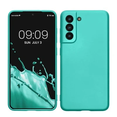 Abbildung von kwmobile Case kompatibel mit Samsung Galaxy S21 FE Hülle Schutzhülle aus Silikon metallisch schimmernd Handyhülle Metallic Türkis