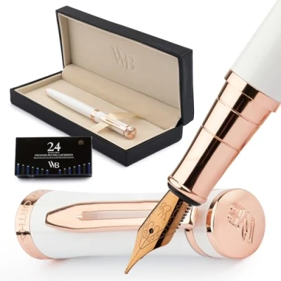 Abbildung von Wordsworth &amp; Black Füllfederhalter Set, mittlere 18 Karat Goldfeder, inklusive 24 Tintenpatronen, Kolbenkonverter und Geschenkbox, goldfarben, Kalligraphie, Rosé Weiß Gold