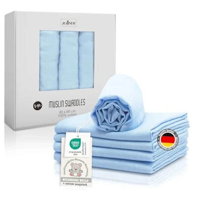 Abbildung von ZOLLNER 5er Set Musselin Spucktücher in 80x80 cm aus Baumwolle hautfreundliche Mulltücher besonders weich und extrem saugstark waschbar bis 60C hellblau