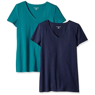 Abbildung von Amazon Essentials Damen Kurzärmeliges T Shirt mit V Ausschnitt, Klassischer Schnitt, 2er Pack, Dunkelgrün/Marineblau, L