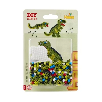 Abbildung von HAMA Perlen 4193 Bügelperlen Dino, Kleine Blisterpackung mit ca. 450 Perlen, Stiftplatte Dinosaurier, Bügelpapier, für Kinder ab 5 Jahren