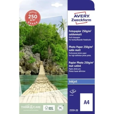 Abbildung von Avery Zweckform Art. 2559 20 Premium Inkjet Fotopapier (20 Blatt, 250 g/m², DIN A4, seidenmatte Fotokarten, einseitig beschichtet, sofort trocken &amp; wischfest, Fotoblätter für Drucker) weiß