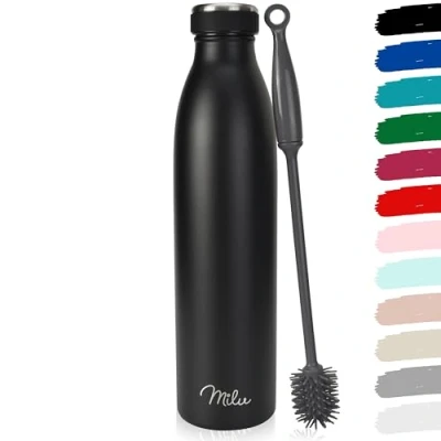 Abbildung von Milu Edelstahl Trinkflasche 350ml, 500ml, 750ml, 1L, 1.5L Thermosflasche, Isolierte Wasserflasche, Auslaufsichere Isolierflasche doppelwandig, Kohlensäure geeignet + Reinigungsbürste (Schwarz, 1.5L)