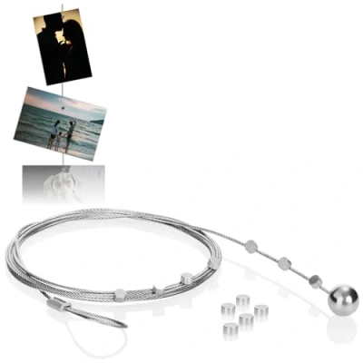 Abbildung von com four® Set Fotodrahtseil mit 12 Magneten, ca. 200 cm x 1,2 mm, aus Metall Fotodraht Magneten zum Aufhängen von Fotos (01 Stück)